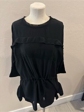 Black Drawstring Ruffle-Detail Blouse